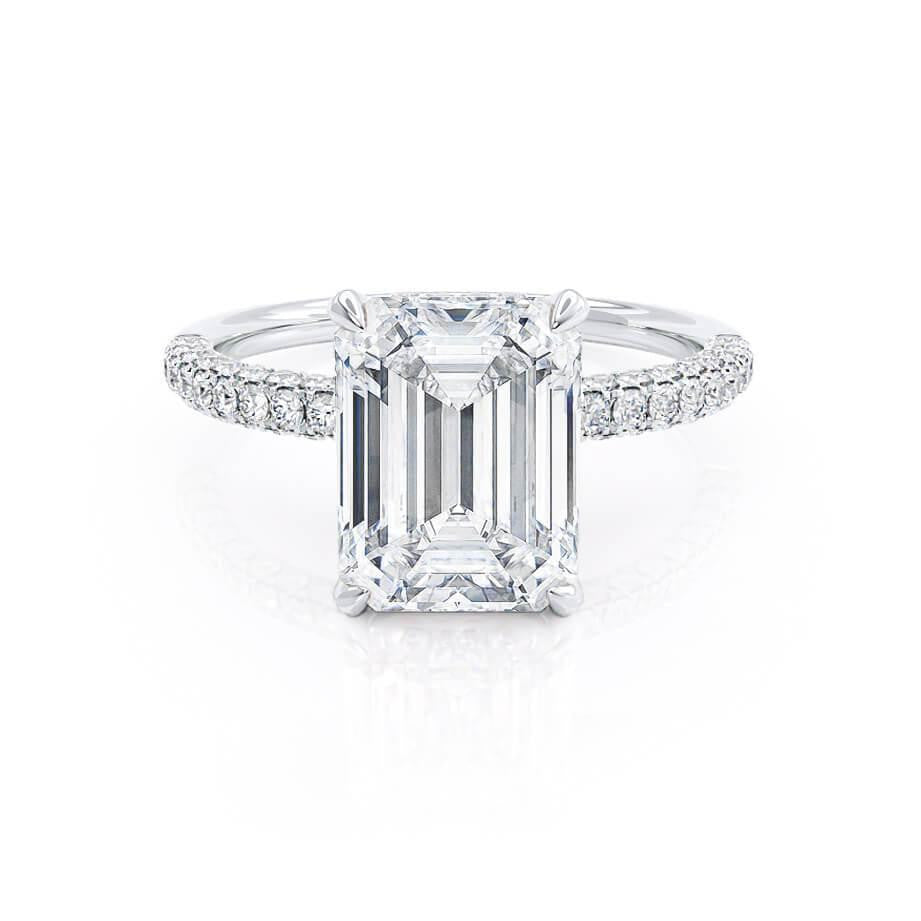 Emerald Lab Diamond & Diamond 18k White Gold Hidden Halo Triple Pavé Ring
