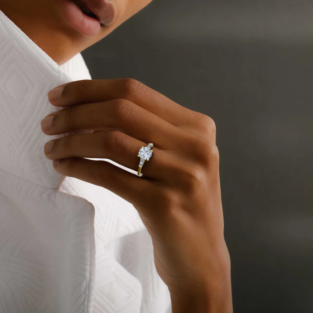 The Tapered Baguette Three Stone Round Brilliant Yellow Gold Engagement Ring