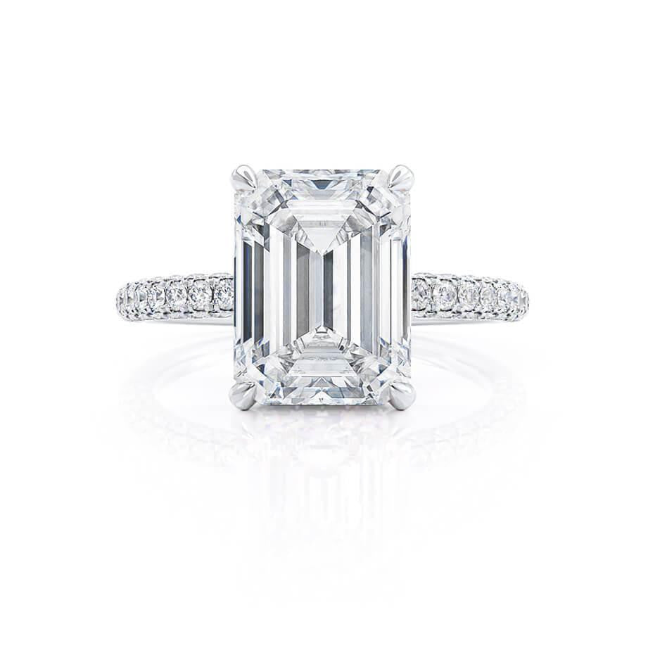 Emerald Lab Diamond & Diamond 18k White Gold Hidden Halo Triple Pavé Ring